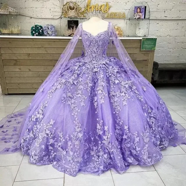 Vestidos Quinceanera cintilantes com capa brilhante, 3D Flower Lace Up, Sweet 16 Girls, Vestido de baile roxo, Applique