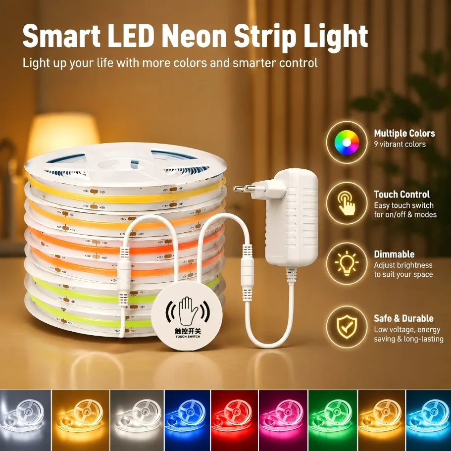kit-de-fita-led-cob-8mm-com-dimerizacao-por-toque-dc12v-24v-1-10m-252-leds-m-com-plugue-eu-para-iluminacao-ambiente-interna-em-banheiros-despensas-e-corredores