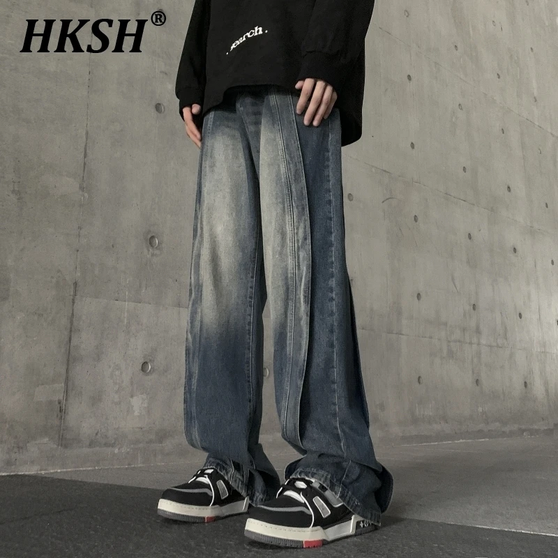 

HKSH Spring Autumn Men's Tide American High Street Vintage Jeans Trendy Women's Personalized Pleated Casual Denim Pants HK0462