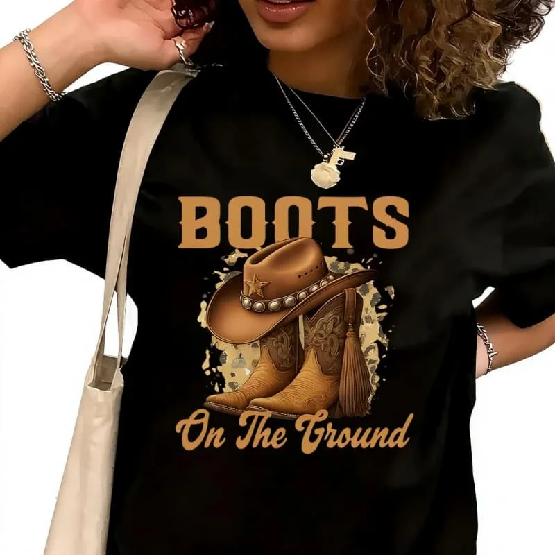 Cowboy Boot Printed Women's T-Shirt 100% Cotton Funny Graphic Short Sleeve Tee Novelty Shirt Casual Crew Neck Top S-5XL