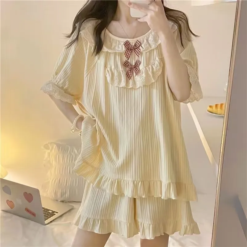 Cute Kawaii Pajama Sets Women Short Sleeve Tops Shorts Two Pieces Summer Loungewear Nightwear Lace Bow Tie Nightwear Suits New