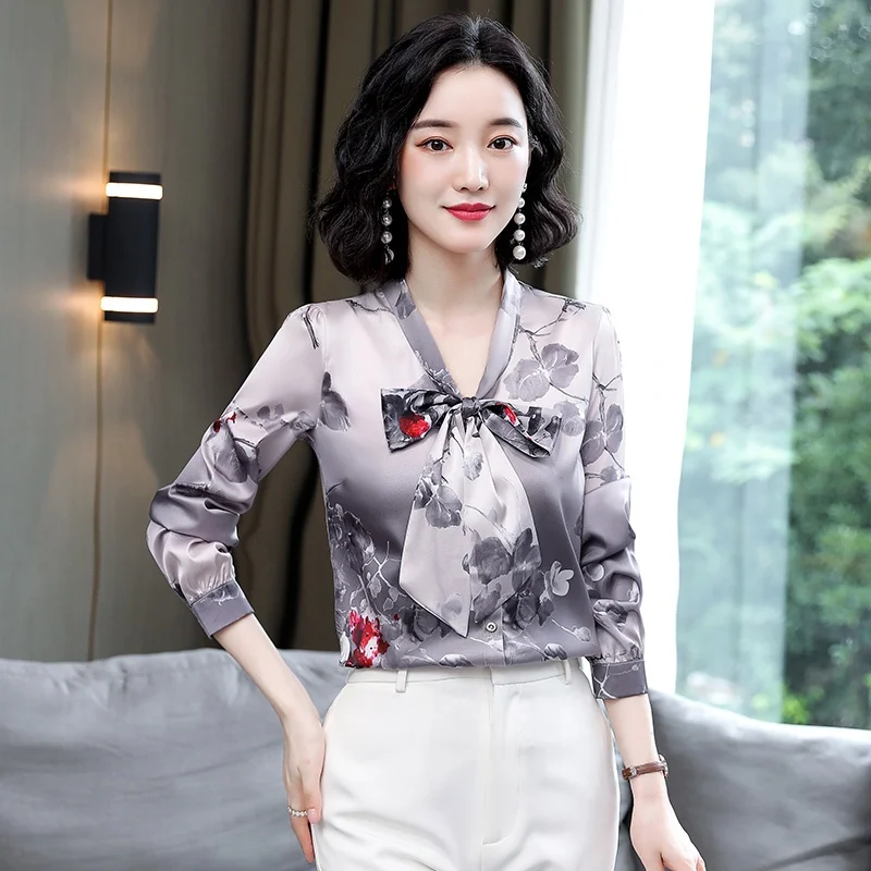 Silk irt Women's Premium Brand Outlet Spring Summer Autumn Long Sve  Knot Slim Fit Regular Length Floral Pattern