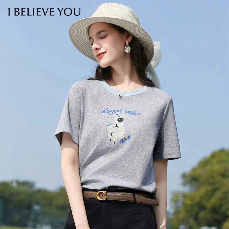 I BELIEVE YOU Sheep Letter Embroidered Short Sleeved T-Shirt For Women 2026 Summer Color Contrasting Round Neck Top 2262016346