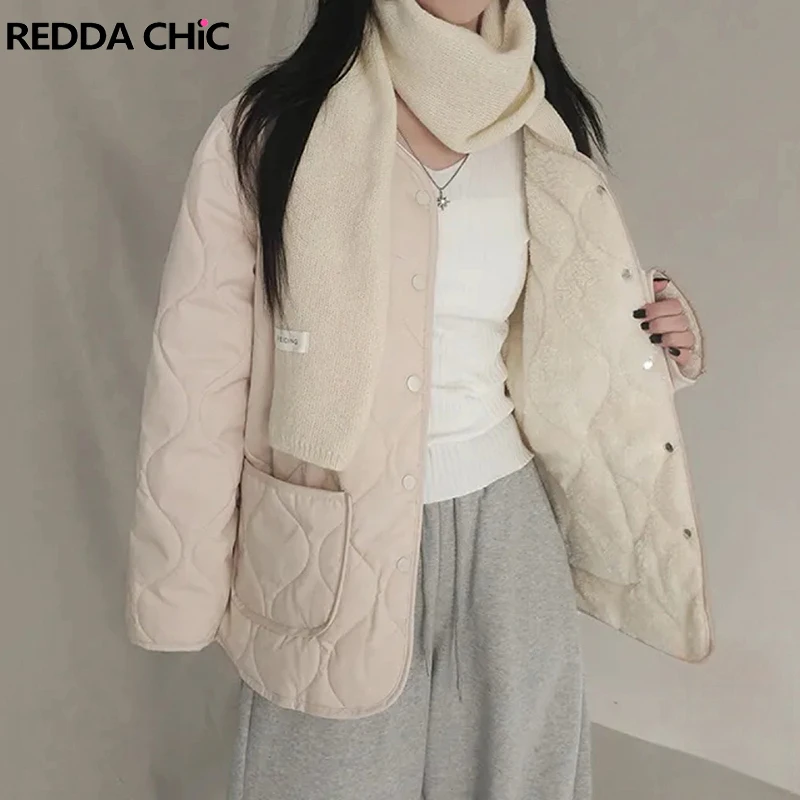 

REDDACHiC Fluffy Fleece Lined Women Quilted Jacket Warm Button Down Pockets Collarless Loose Winter Coat Korea Casual Outerwear