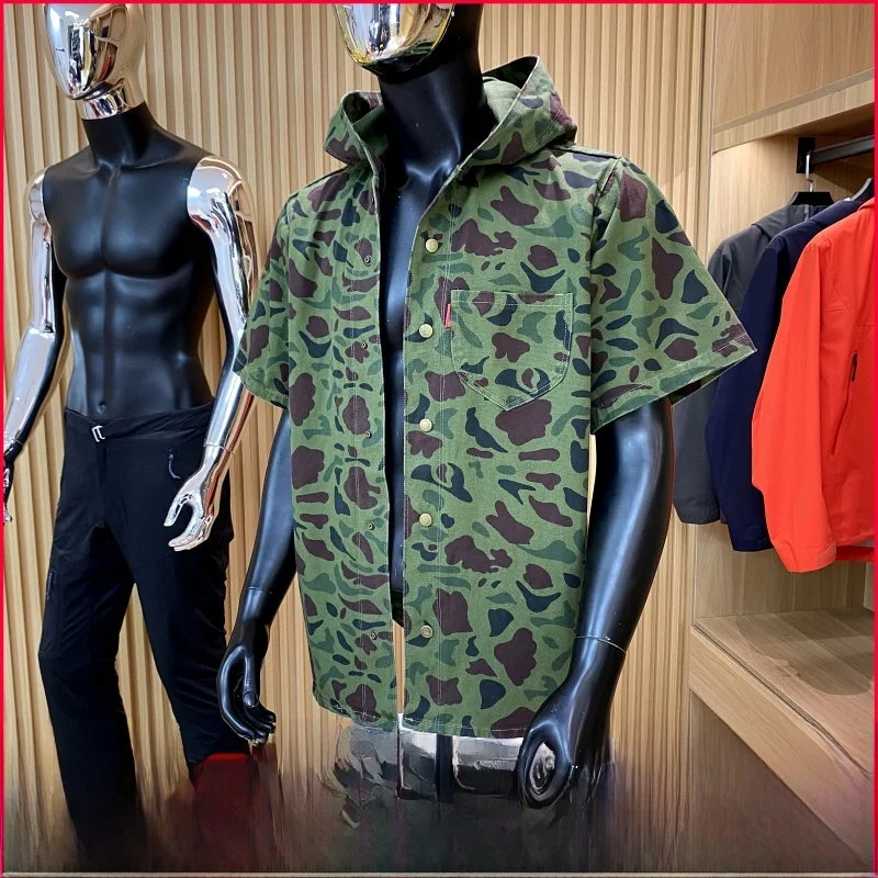 

High Quali Camouflage Workwear Jaet with Hat ort Sve Outdoor Men's Multi-ket orts Trendy Summer Clothing