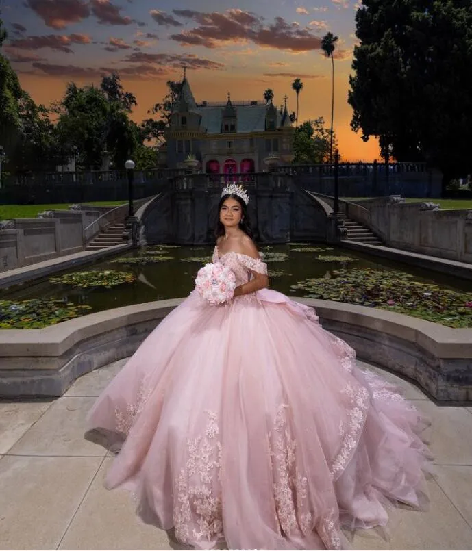 فساتين Quinceanera مكشوفة الأكتاف مع زينة زهور ، فستان أميرة وردي ، مشد برباط وتنورة ، 15 سنة ،