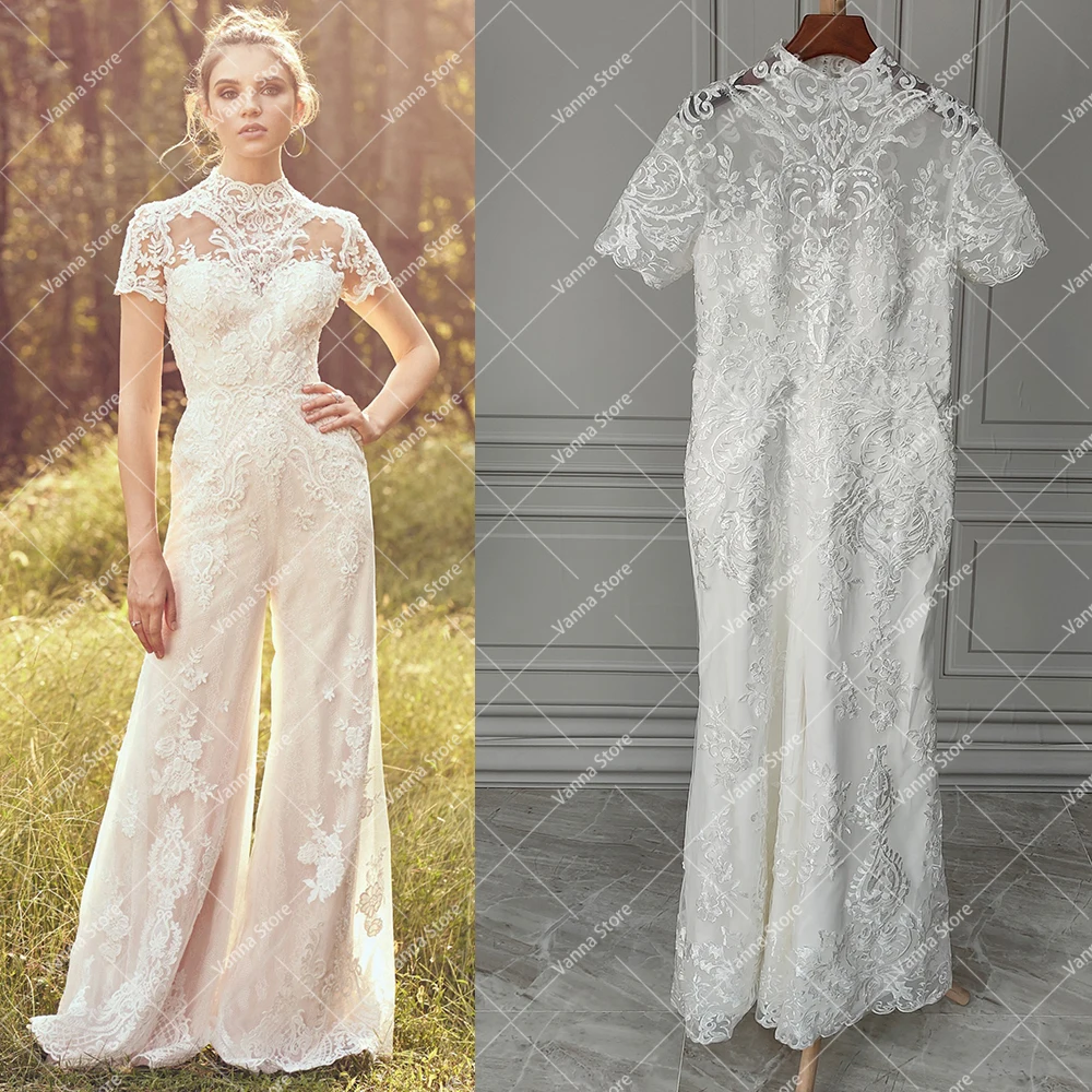 แขนสั้นลูกไม้ Gowns แต่งงานที่กำหนดเองคอ Illusion Sheer Tulle กลับปุ่ม Appliqued ชุดเจ้าสาว Pantsuit