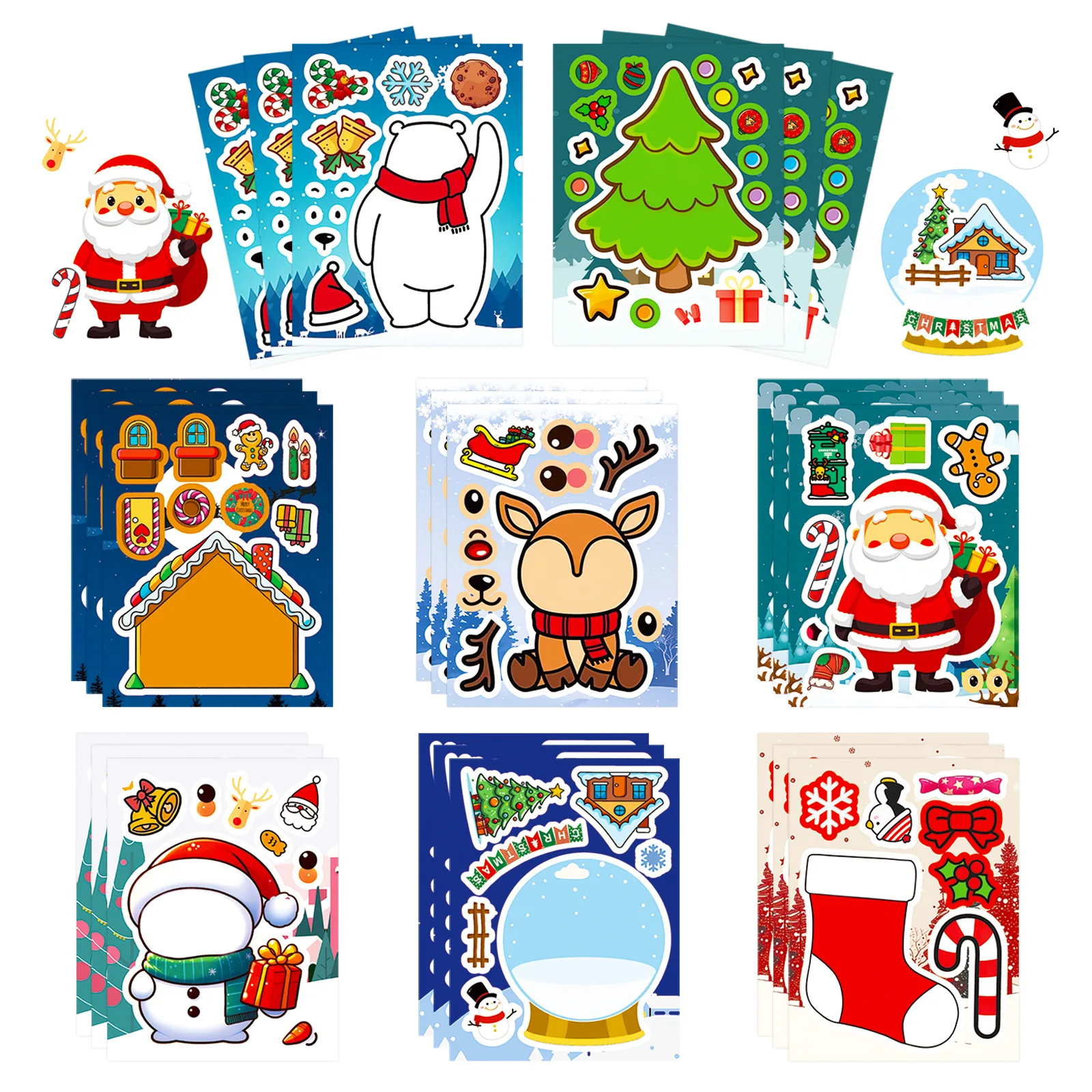 8/16Pcs Christmas Make A Face Stickers Cartoon Santa Snowman Reindeer DIY Assemble Decals for Water Bottle Scrapbook Party Decor