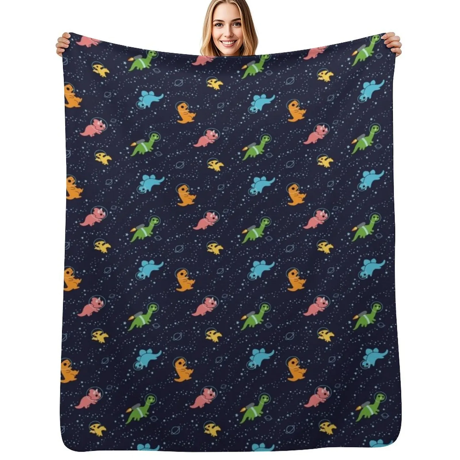 Dinosaurs In Space Pattern Throw Blanket Fade Resistant Durable Throw Blanket