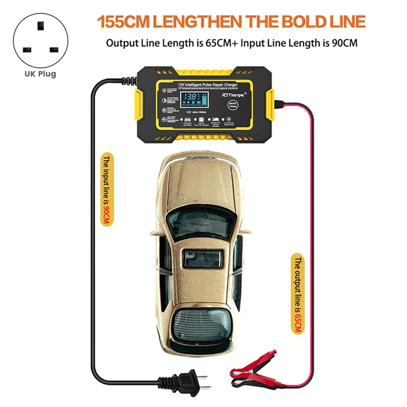 RJTIANYE-cargador inteligente totalmente automático de 12V, cargador de batería portátil de alta potencia para coche y motocicleta, 6A, para carga de batería, enchufe del Reino Unido