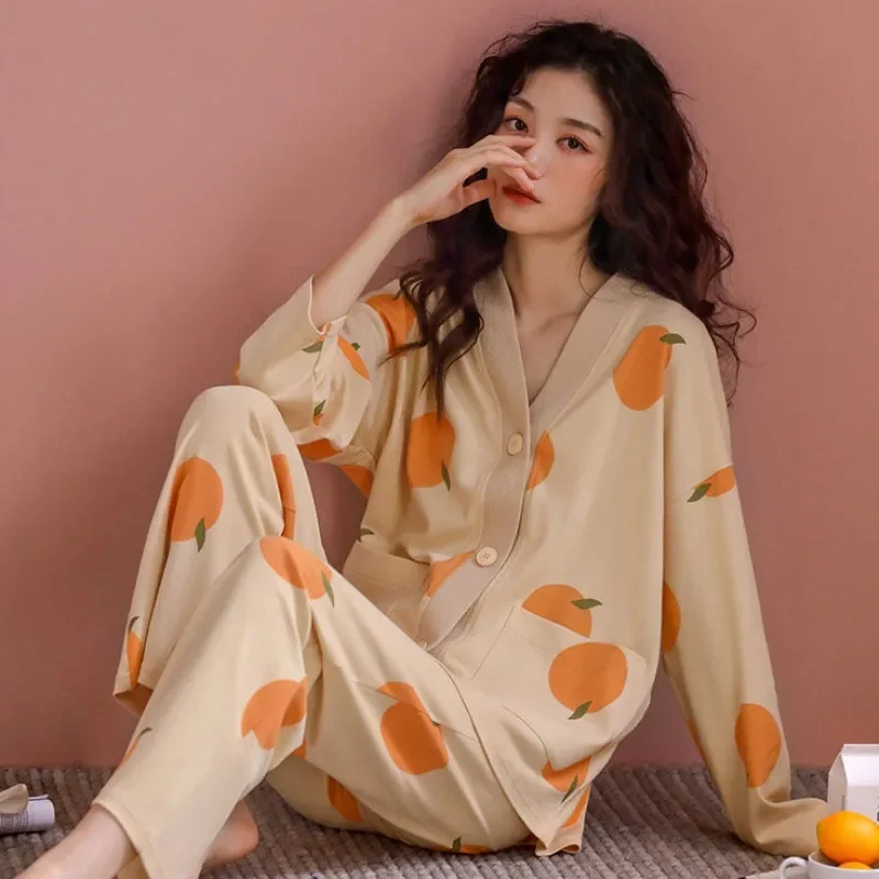 Spring Autumn High-grade 100% Cotton Pajamas Women Long Sleeve Collarless Cardigan Young Ladies Set Loose Home Wear pijamas