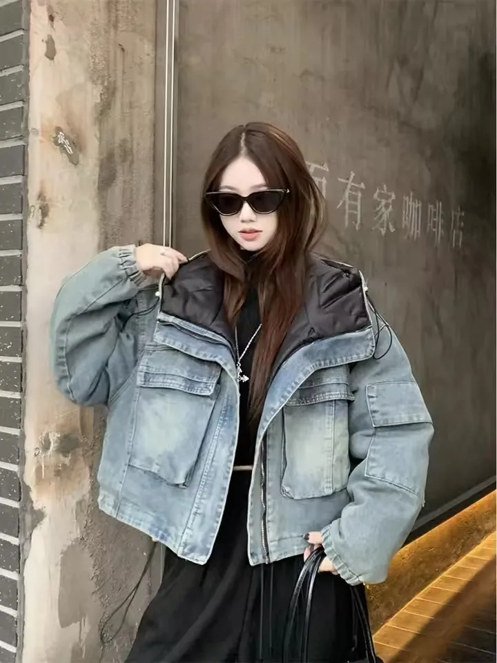 خمر الدنيم المرقعة مقنعين سترة قطن قصيرة النساء 2025 شتاء جديد سميكة الدافئة كاوبوي ملابس خارجية سحاب أكمام طويلة الجينز #6