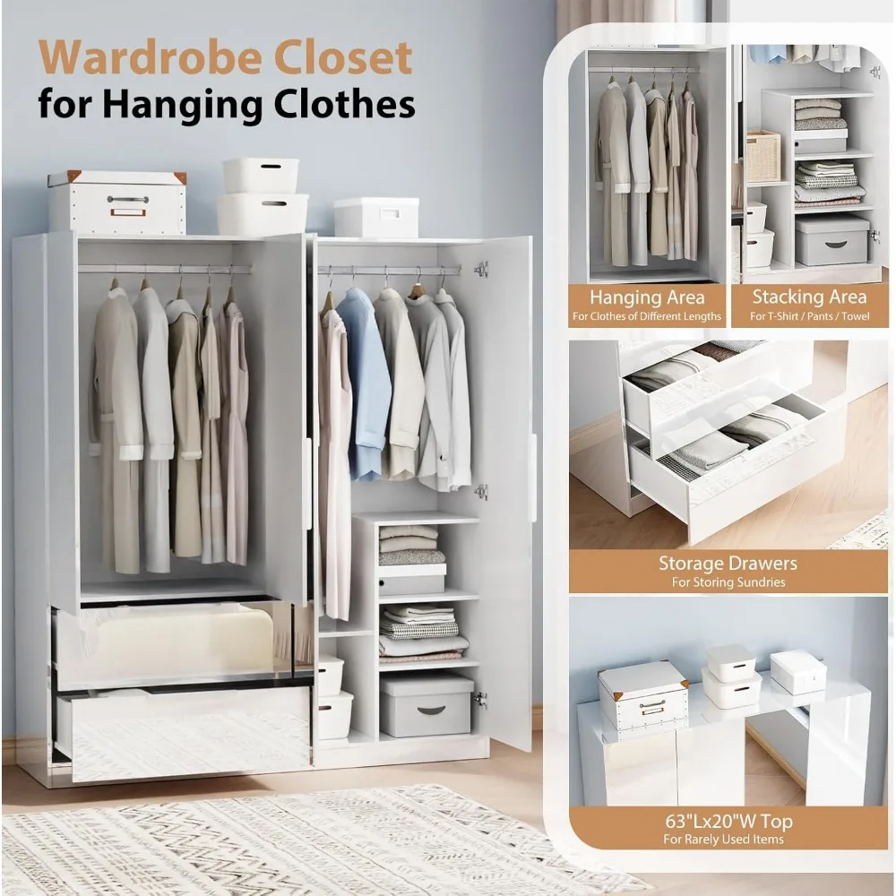 63" W x 72" High Gloss Wardrobe Closet with Mirror Doors and Drawers, 4 Door Armoire Wardrobe Closet with Drawers, Large White image 6
