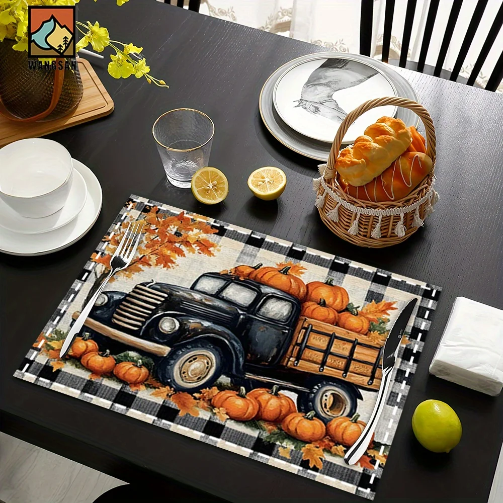 Vintage Pumpkin Truck Placemats - Fall Table Decor With Pumpkins, Checkered Background -  Heat-Resistant Table