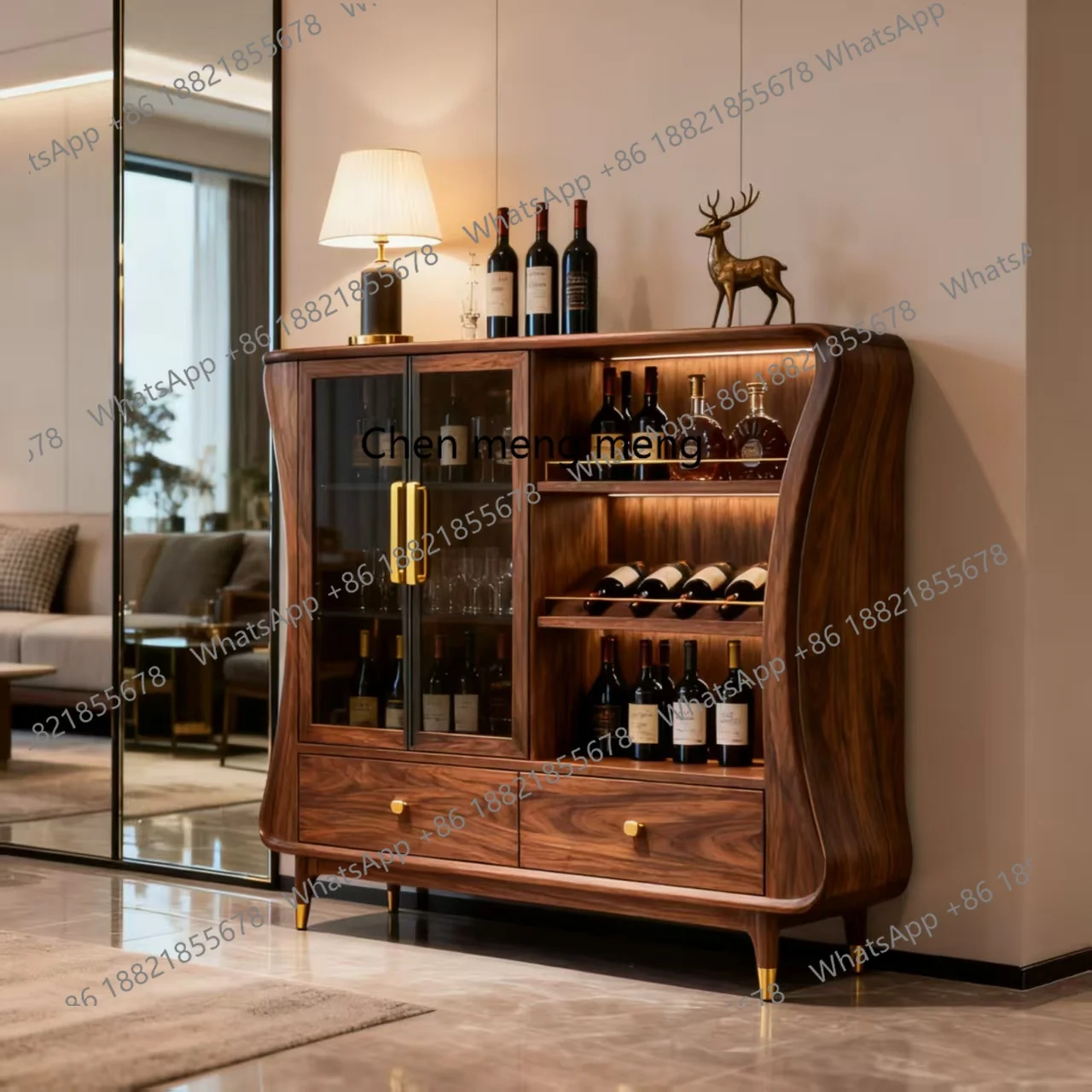 

New Chinese-style North American black walnut villa against the wall solid wood glass door display cabinet storage