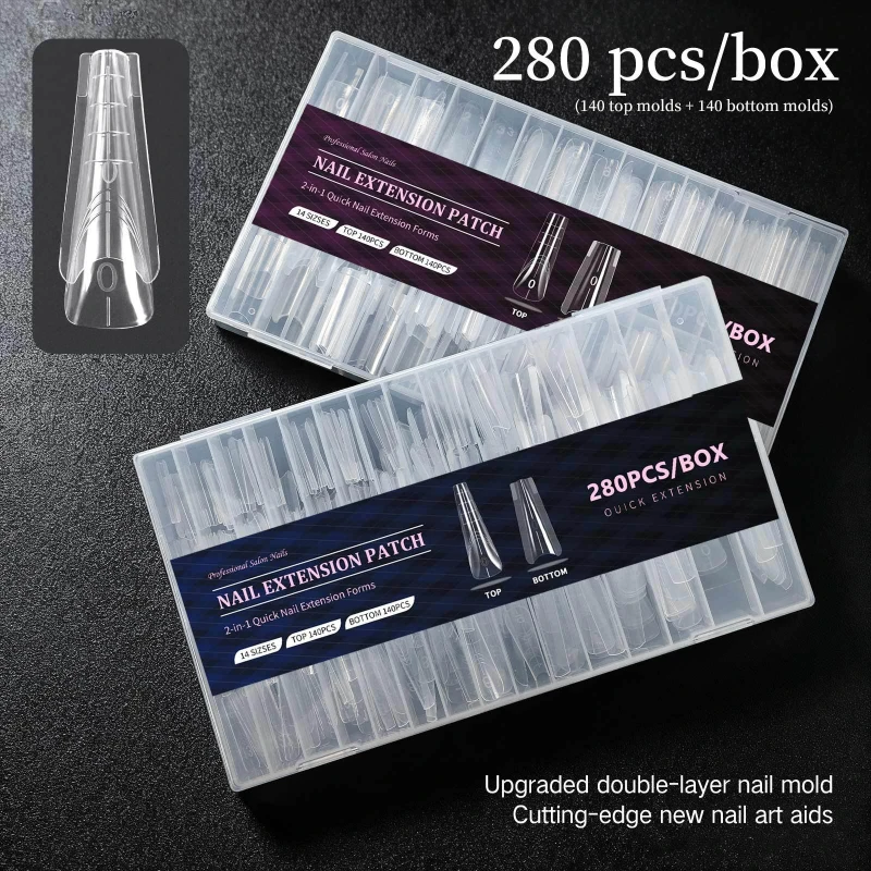 แบบฟอร์มทำเล็บสองชั้น 280-140 ชิ้น ขนาด 14 สำหรับต่อเล็บ แบบฟอร์มคู่ ทรงโลงศพ ทรงอัลมอนด์ สำหรับทำเล็บ แบบฟอร์มบนและล่าง