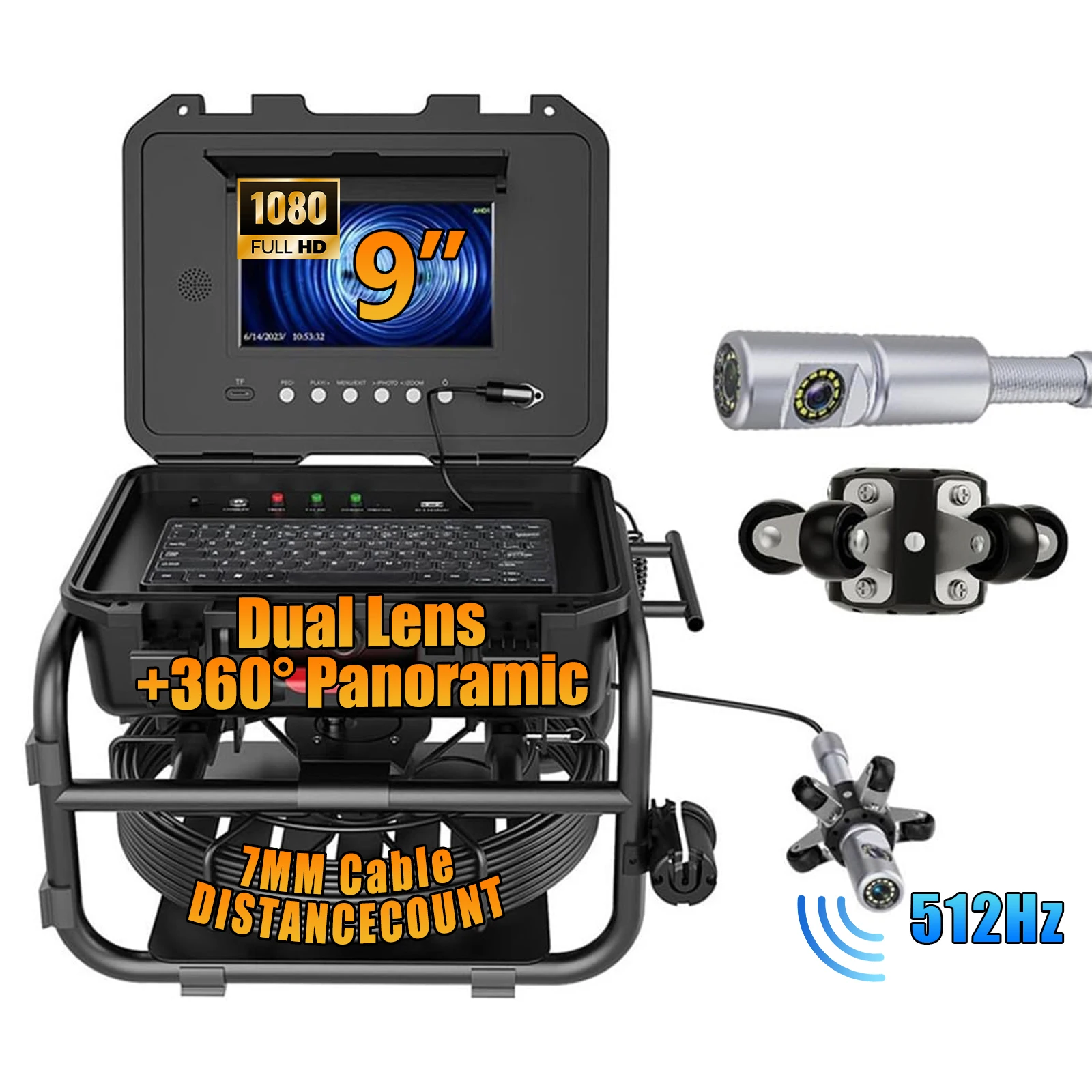 360° Panoramic Sewer Camera - Dual Lens Sewer Inspection Camera with Meter Counter, 512Hz Self-Leveling Endoscope Camera