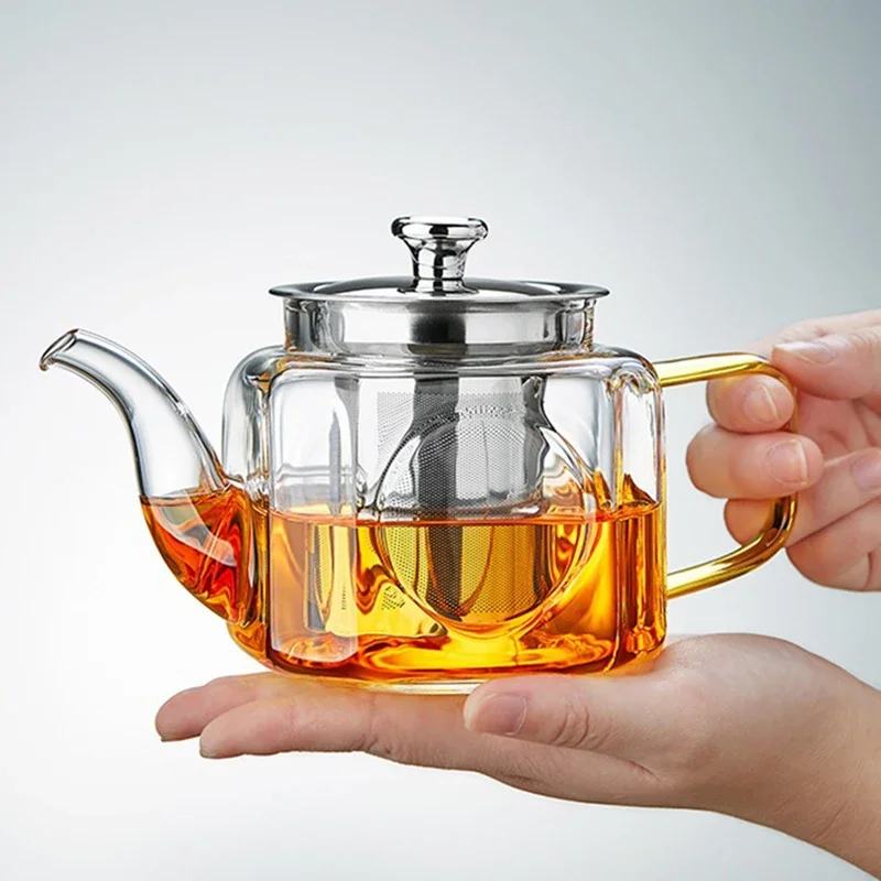 Glass Teapot with Stainless Steel Filter Liner Square Shape Heat Resistant Tea Kettle High Borosilicate Tea Pot Clear Coffee Pot