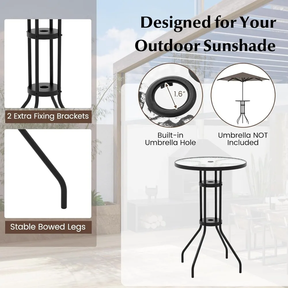 3 PCS Outdoor Bistro Set, Patio Bar Table with 2 Folding Chairs, Round Bar Table with Tempered Glass Top & 1.6