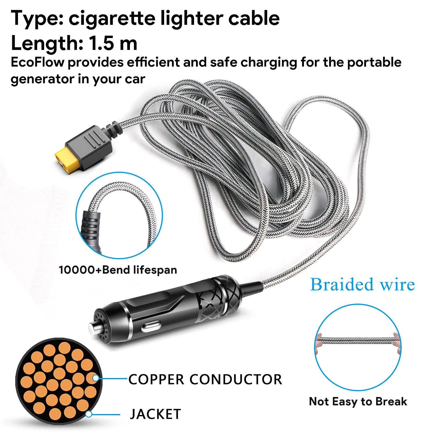ecoflow cigarette charger Car Charging Cable 1.5M and conveniencea charger that doesnt just power your vehicle but protects it EcoFlow 1kWh DELTA 2 +