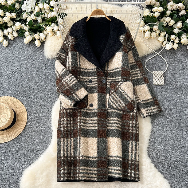 Autumn Winter Wool Jacket Coat Loose-fit Lapel Double-row Button Vintage Plaid Long Two-sided Wear Women Long Jacket Clothing