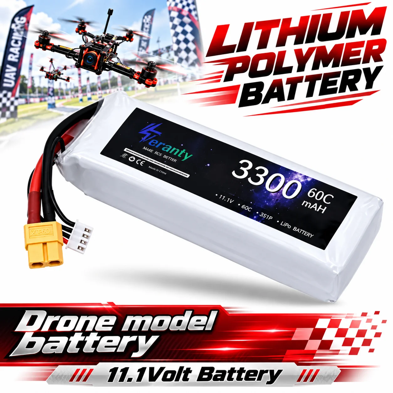 FPV Drone Battery 11.1V 3S 3300mAh 60C XT60 High Drain Lithium Polymer Pack for Quadcopter RC Airplane Helicopter