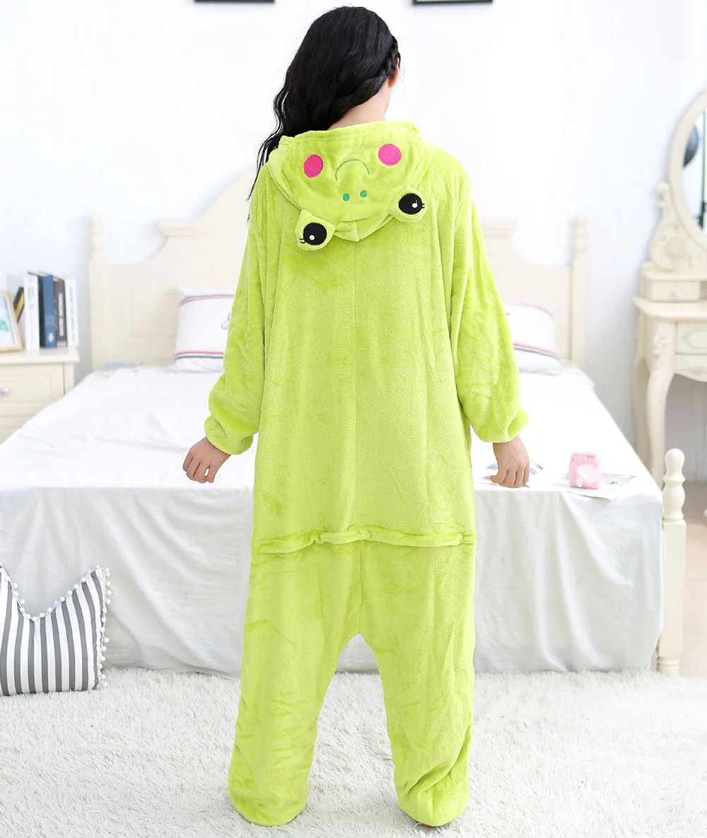 Green Frog Onesies Plush Pajamas Winter Flannel Warm Sleepwear Halloween Christmas Cosplay Costume Women Men Kids Family Costume