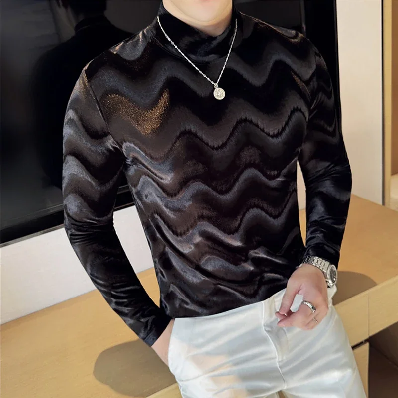 Velvet Luxury Mock Neck Gradient Wavy T Shirt for Men Long Sleeved Korean Fashion Men's Tshirt Club Prom Slim Fit T-Shirts Tops