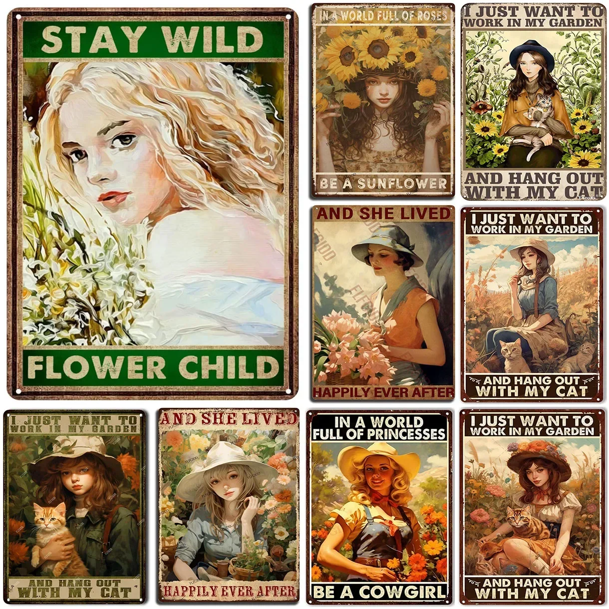 Metal Tin Signs Stay Wild Flower Child Hang Out With My Cat Posters Plate Wall Decor for Home Garden Bars Man Cave Cafe Clubs