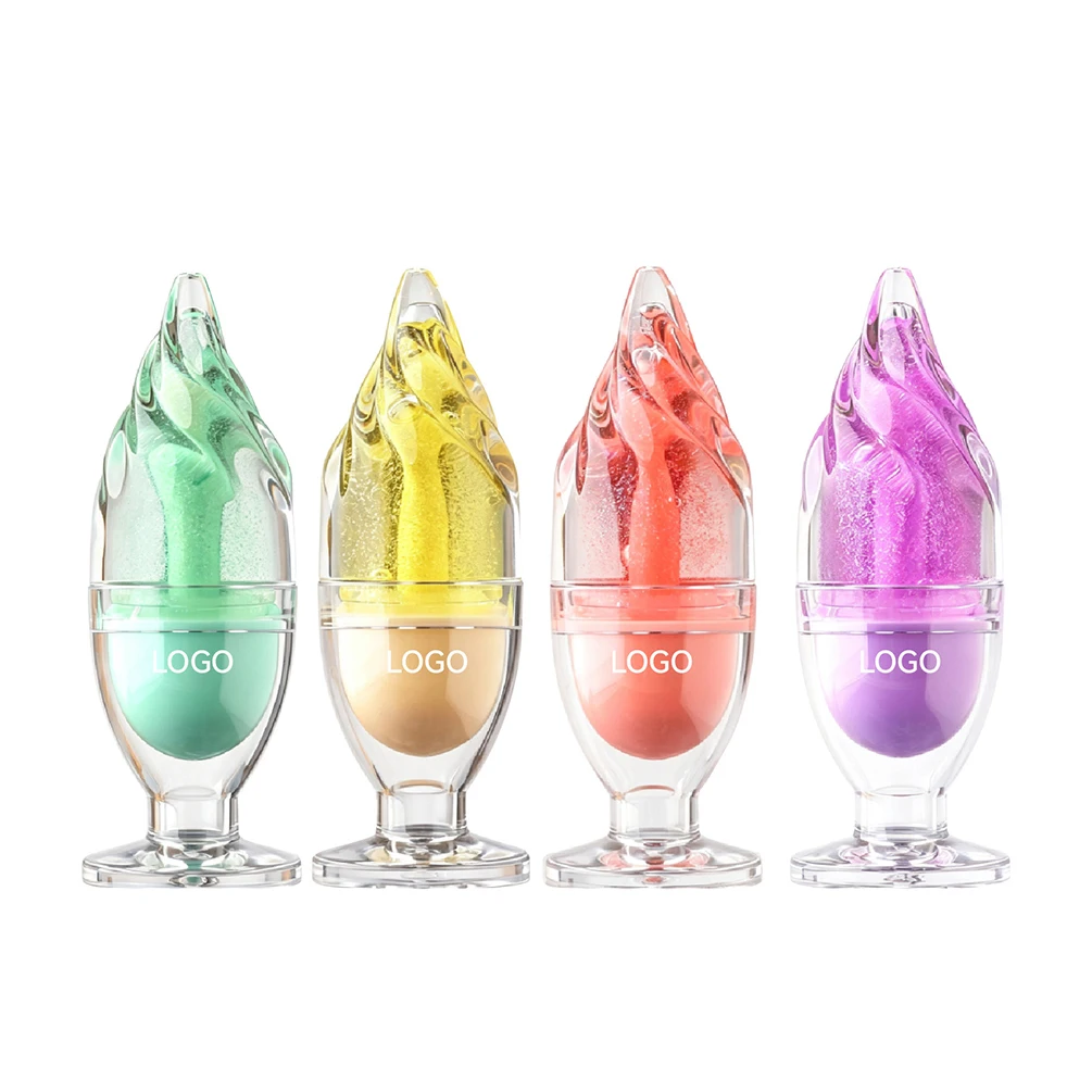 Private Label 6colors Glass-Finish Lip Oil Ice Cream Cup Fruit Flavours Custom Logo Bulk Shimmering Transparent Makeup Vegan