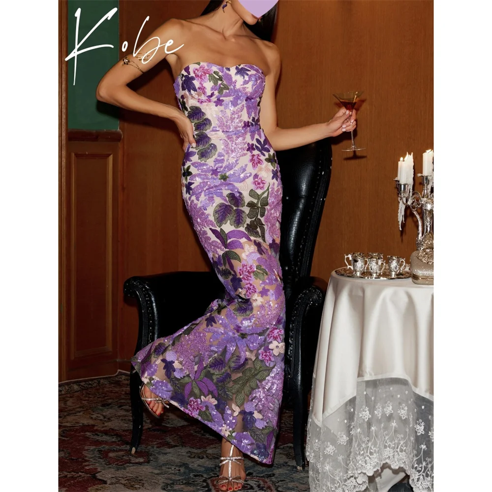 

Kobe Purple Strapless Prom Dresses Sleeveless Flower Customized فساتين سهرات Ankle-Length Elegant vestido de gala noche mujer