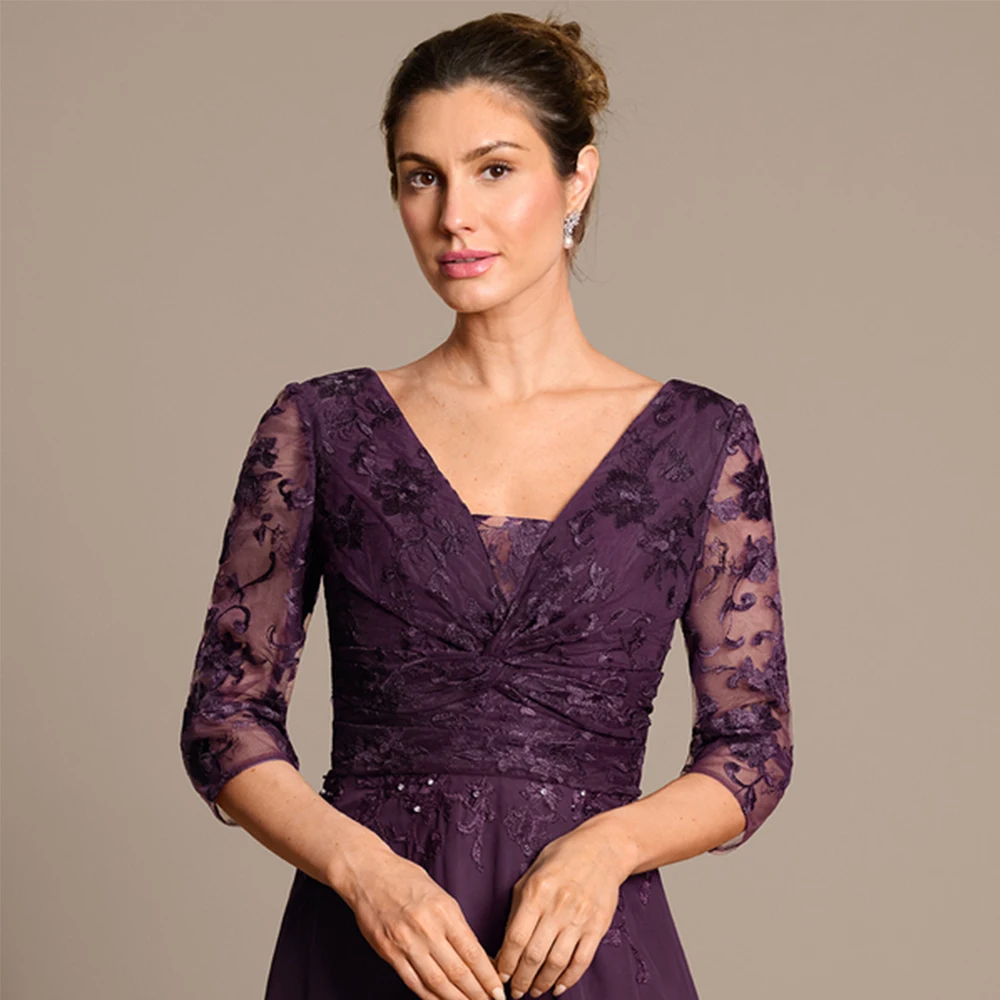 Purple Chiffon Mother of Bride Dresses with Lace Three Quarter Wedding Party Dresses  for Women 2025 Summer New Robe De Soirée