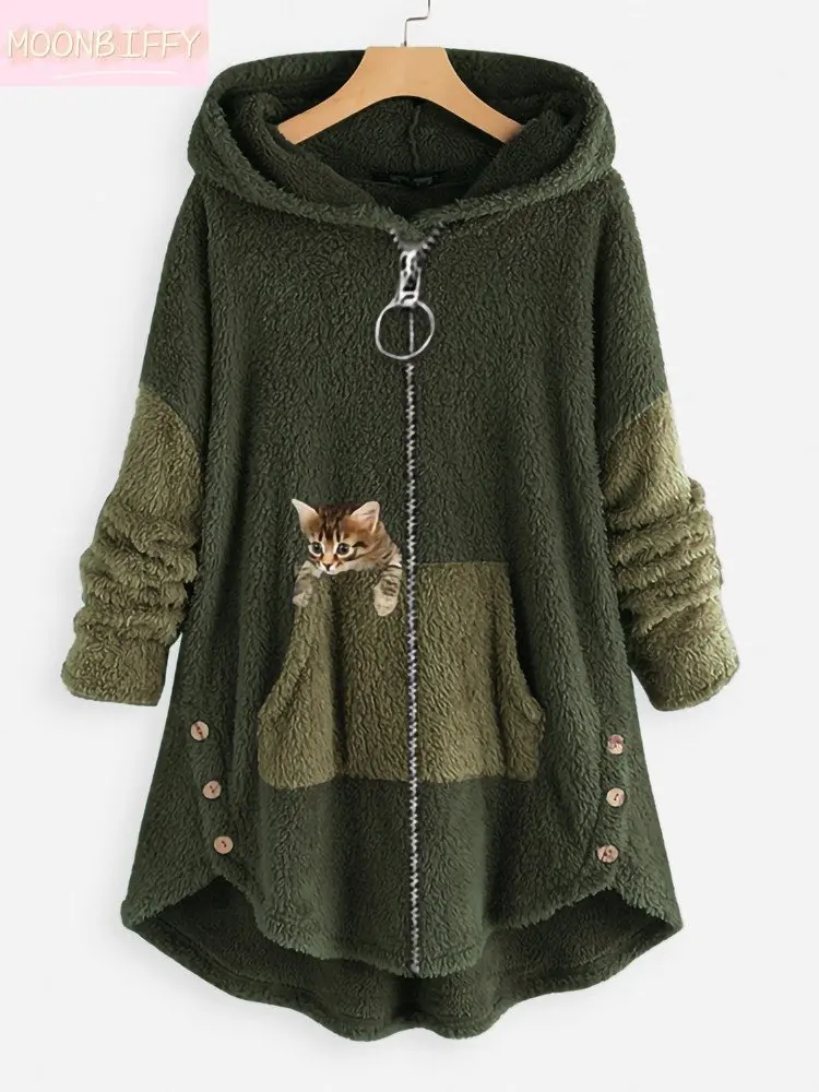 2023 New Cat Print Hoodies Coat Women Autumn Winter Fleece Warm Casual Zipper Sweatshirt Female Streetwear Oversized Hooded Tops