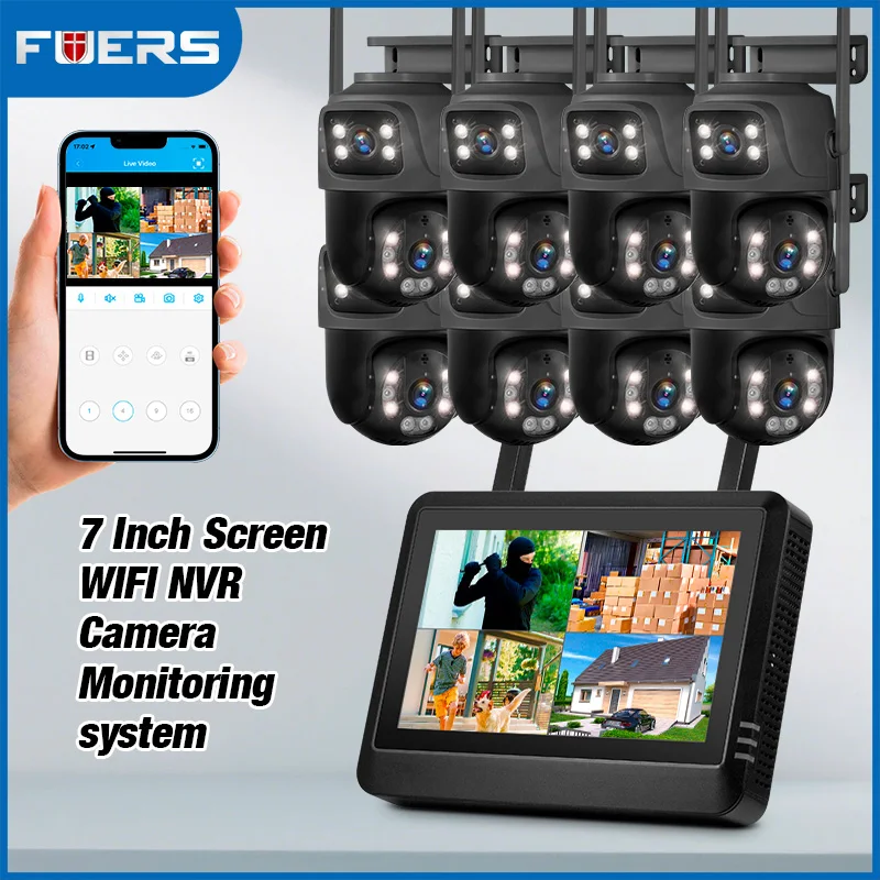 FUERS 7 inch NVR Screen 8CH Wireless NVR Security Outdoor Camera WIFI System H.265 Surveillance CCTV Audio Video Recorder XMEye