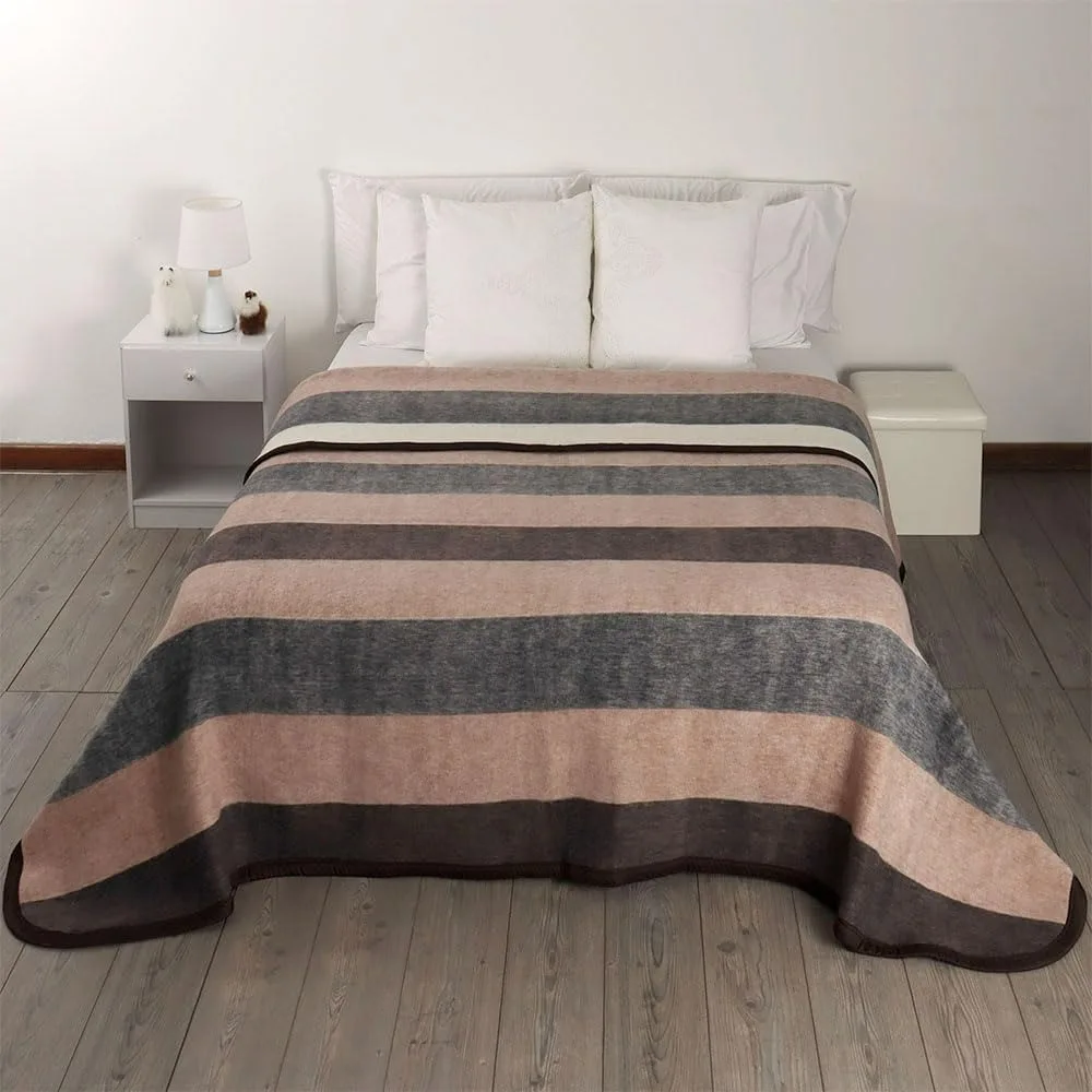 100% natural alpaca wool and wool blanket, extra large thick and heavy, comfortable and warm, striped design (beige/brown/gray)