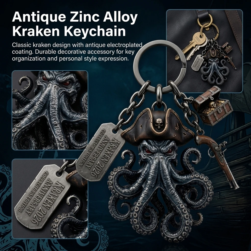 1pc Kraken Keychain Zinc Alloy Metal for Pirate Lovers Gothic Abyss Lord Key Ring Antique Finish Gift Accessory Durable
