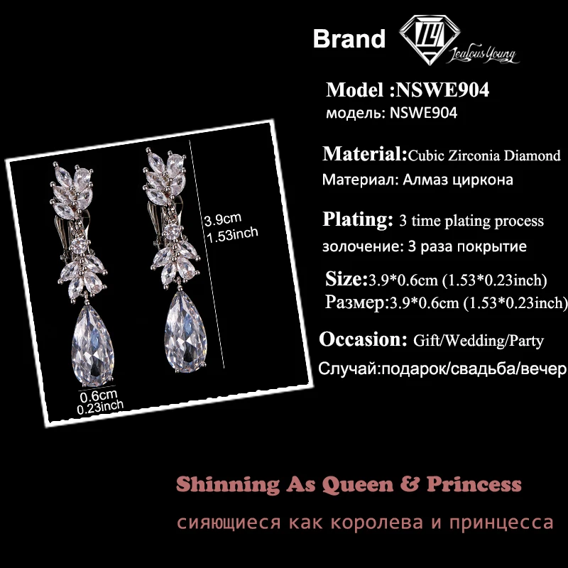 Fashion Leaf Zircon Clips Earrings for Women Silver Color Drop Water Clip Earings Long Crystal Wedding Ear Cuff Jewelry Gifts