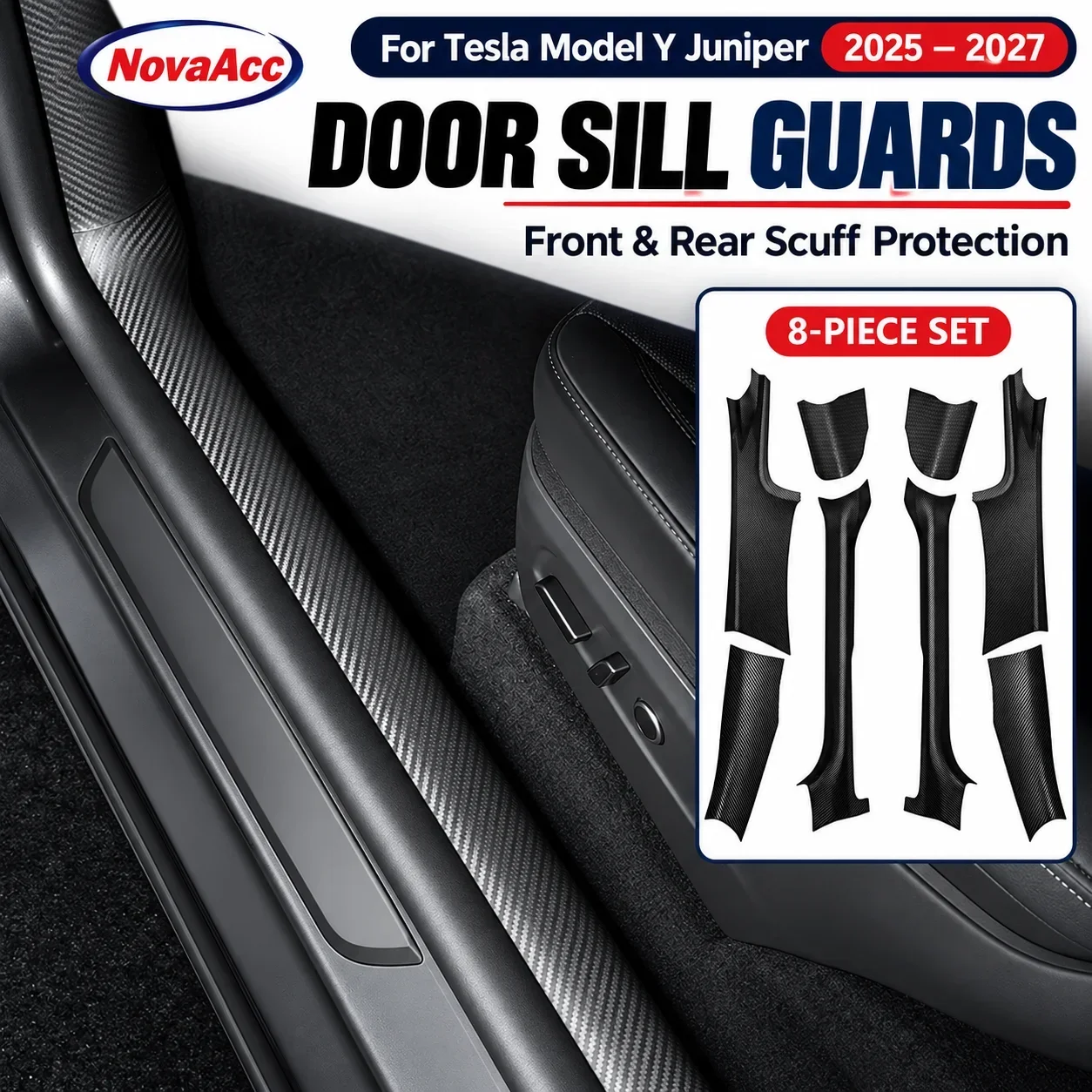 NovaAcc Door Sill Protectors for Tesla Model Y Juniper 2025-2027 Front Rear Scuff Plate Guards Anti-Scratch Threshold Covers
