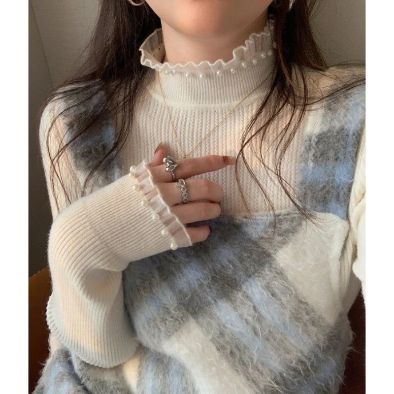 Feminino sólido meia gola alta jumper femme casual rendas pullovers camisola 2025 outono inverno fino básico malhas novo magro topos