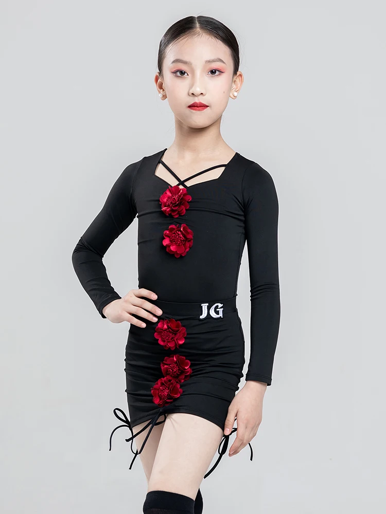 Kids Latin Dance Clothes Black Long Sleeves Practice Suit Flower Tops Skirt Cha Cha Rumba Performance Costume Winter DNV19162