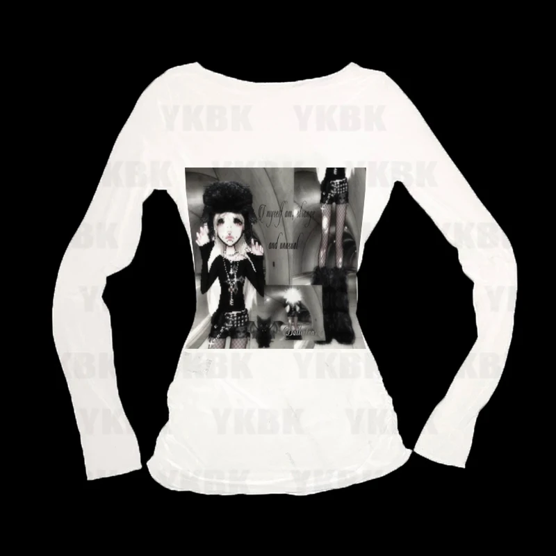 

Готическая Harajuku винтажная футболка в стиле панк с эмо для девочек с длинными рукавами, сексуальный тонкий шикарный топ с принтом, модная эстетичная женская уличная одежда Y2K