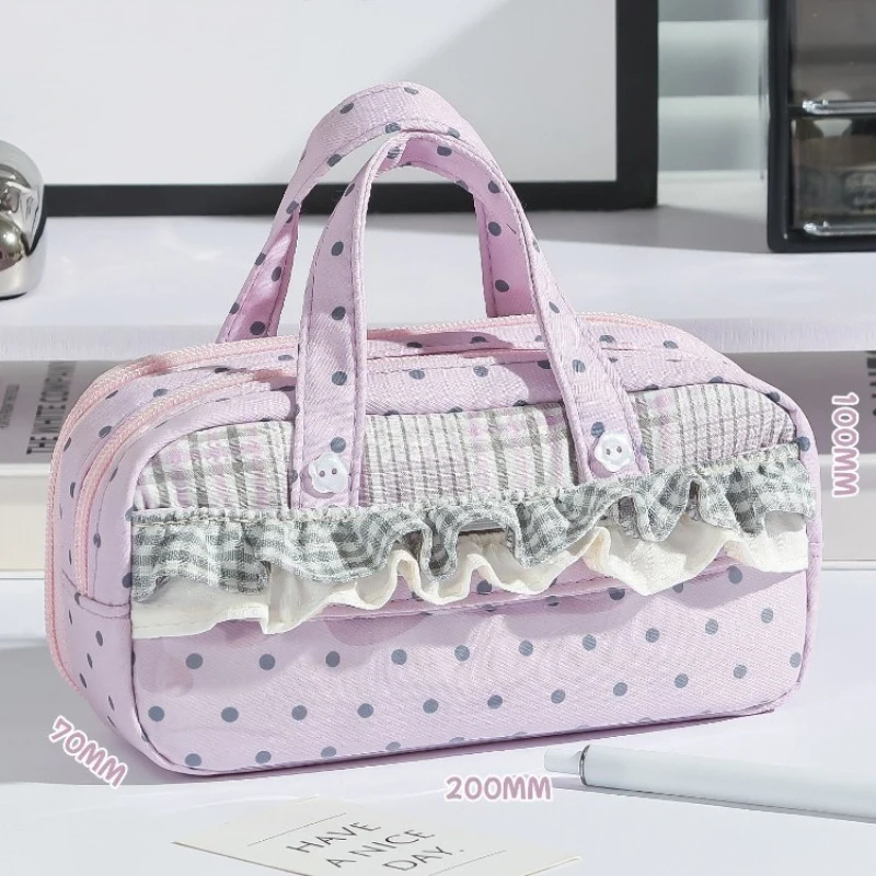 Korean Polka Dot Grid Pencil Case Student Handheld Multi-compartment Pencil Case Ins Lace Ruffle Sweet Cute Stationery Organizer