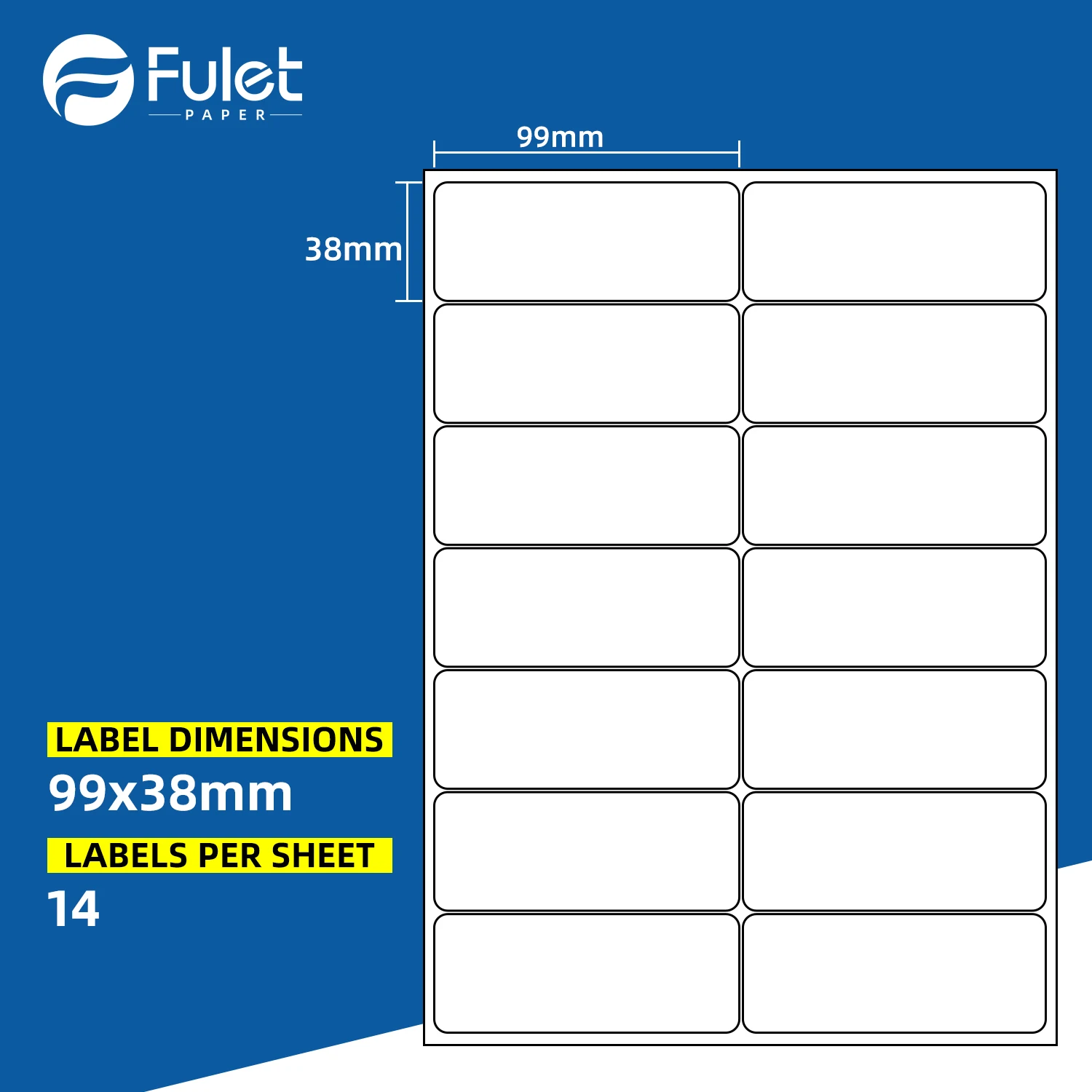 

14 этикеток на листе формата А4 (210x297 мм), 100 листов матовой бумаги для этикеток, подходят для лазерных и струйных принтеров.