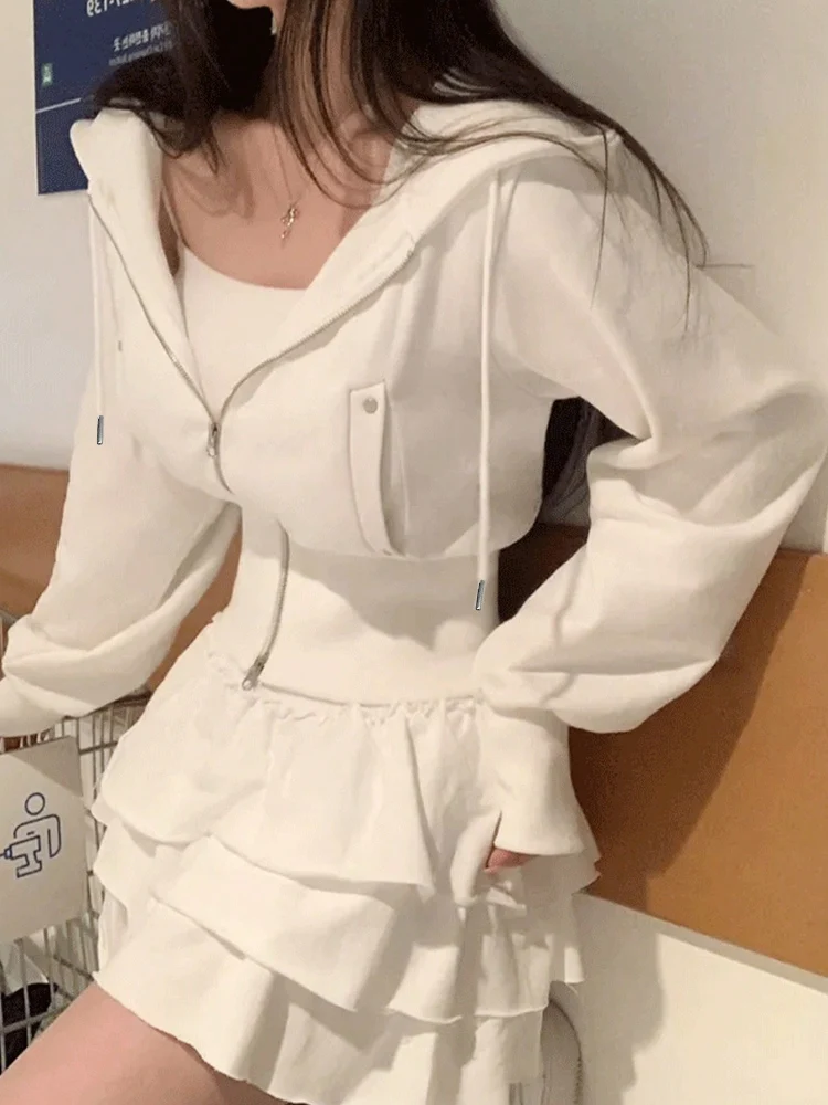 

Korean Style Chic Simple Personality Drawstring Hat Design Loose Long Sleeve Sweatshirt Short Jacket Women's Fashion