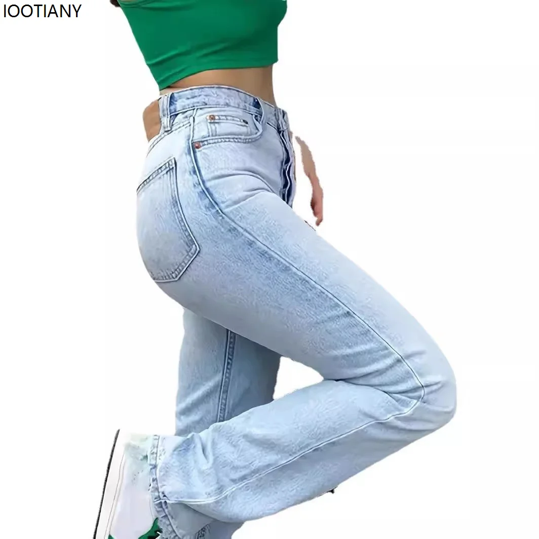 Dames gewassen jeans Lichtgekleurd Middelhoge taille Casual Broek met rechte pijpen Zakken Los Verontrust Effen Kleur Basisstijl Retro 2025