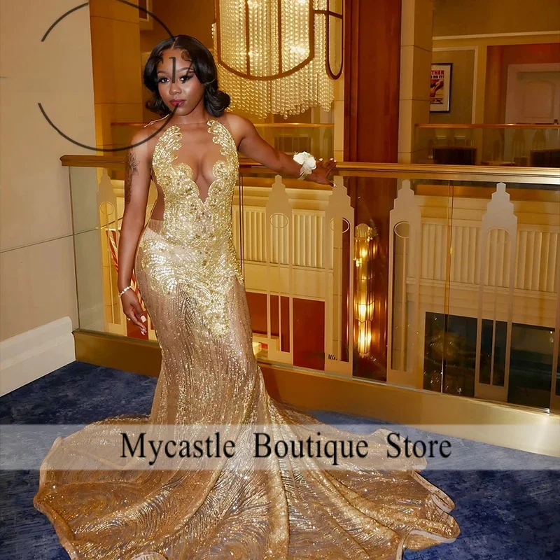 Luksusowe, błyszczące suknie balowe dla kobiet, cekinowe suknie syreny na bankiety, wesela i przyjęcia, szyte na miarę, bez rękawów, vestidos largos fiesta.