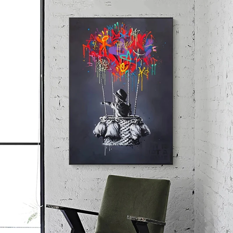 Modern Pop Art Banksy Blue Graffiti Canvas Paintings, Wall Art Posters and Prints for Living Room, Home Decoration