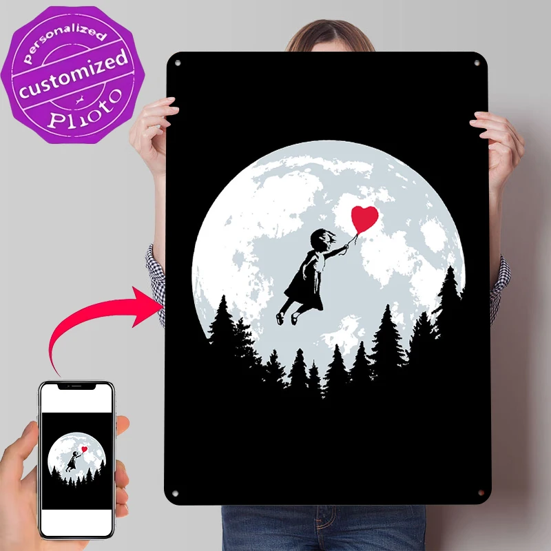 Girl Flying With Balloon Printed Poster Customized Wall Art Retro Vintage Metal Tin Signs for Room Decoration Gaming House Decor