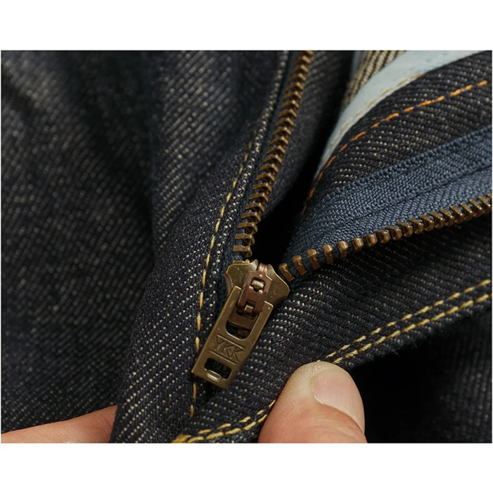 جينز جينز عالي التراجع للأذن الحمراء 12 أونصة للرجال من القماش الأصلي المزيل بمستقيم ثقيل مخروطي ريترو