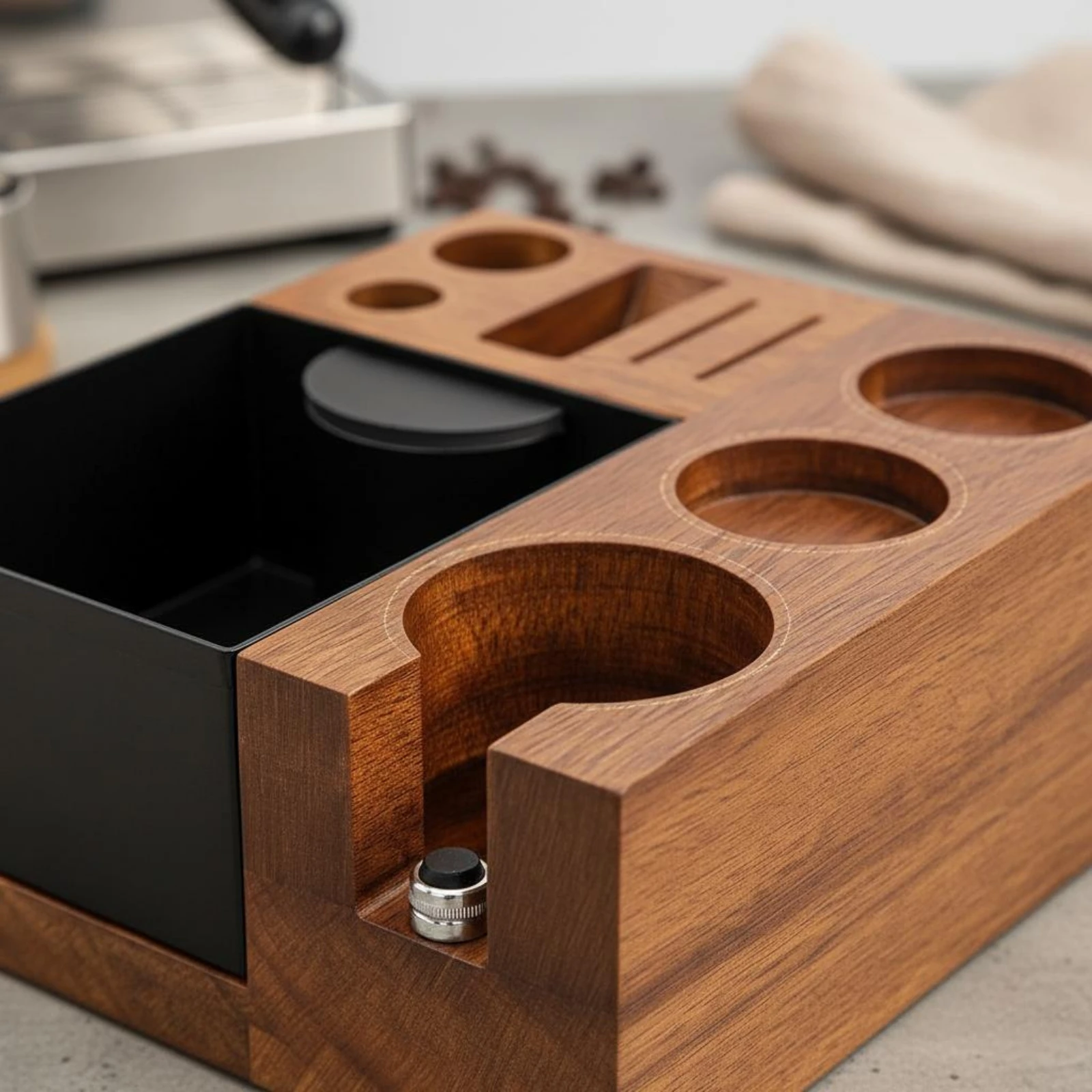 Portafilter Stand Knock Box Dense Wood Espresso Tamping Station Coffee Tamper Holder Multifunctional Wooden Espresso Organizer